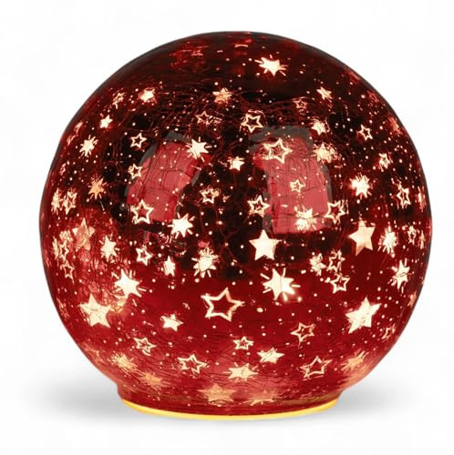 formano Dekorativ LED-kula, 15 cm, stjärnor, röd, glasboll, timer, 6 h/18 h, upplyst dekoration – inkl. 3 AA-batterier – glänsande crackle-look, höst, vinter, juldekoration för bord, hylla