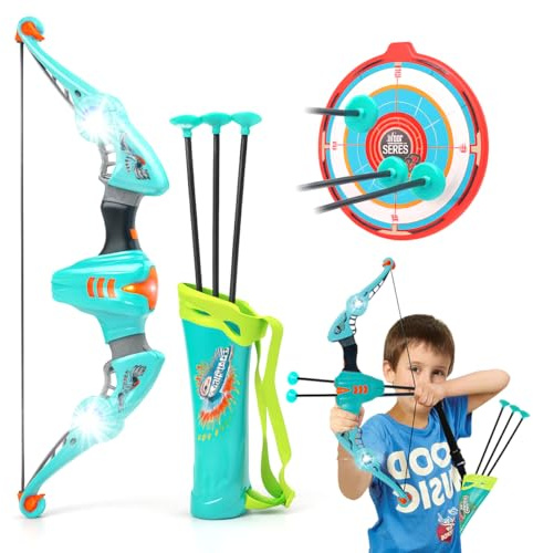 Toyana Kids Bow and Arrow Target Set with LED Lights, Dual Arrow Launcher Archery Toy with 3 Suction Cup Arrows & Quiver, Indoor Outdoor Portable Sports Activity Playset Gift for Children 3+ Years