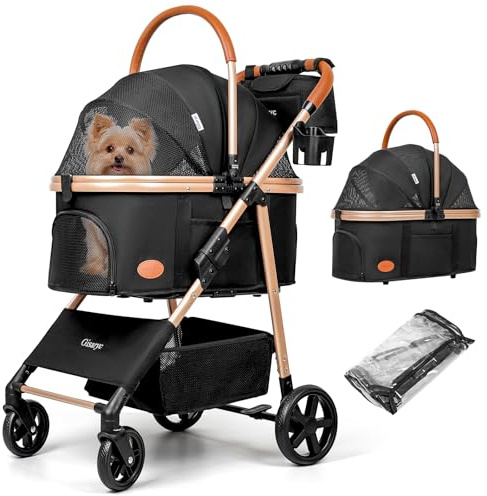 Dog Cat Stroller for Small/Medium Pets up to 50 lbs, 3-in-1 Foldable Pet Stroller with Detachable Carrier, Car Seat, Storage Basket, Cup Holder, Hanging Bag, Rain Cover, All-Terrain 4 Wheels (Black)