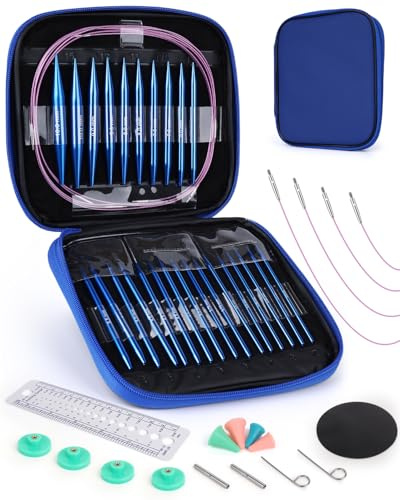 Aeelike Aiguilles Circulaires Tricot Interchangeable (3,0-10,0mm), 13 Paires Aluminium Aiguille Circulaire Tricot, Kit Aiguilles Circulaires Debutant avce Accessoires pour Chapeaux, Écharpes, Bleu
