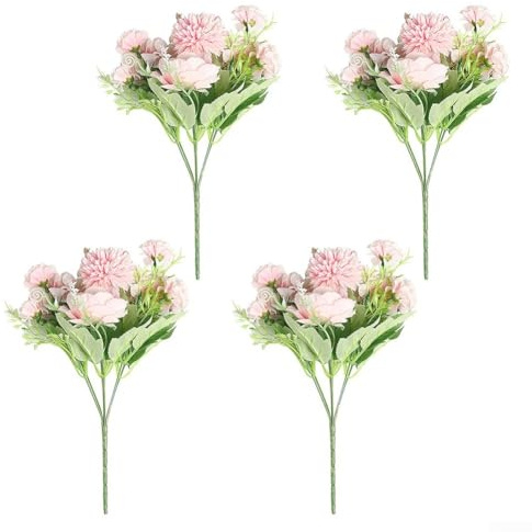 Dekorativa silkesblommor pack 4 konstgjorda pioner och hortensior för bröllop och hemstyling (rosa)