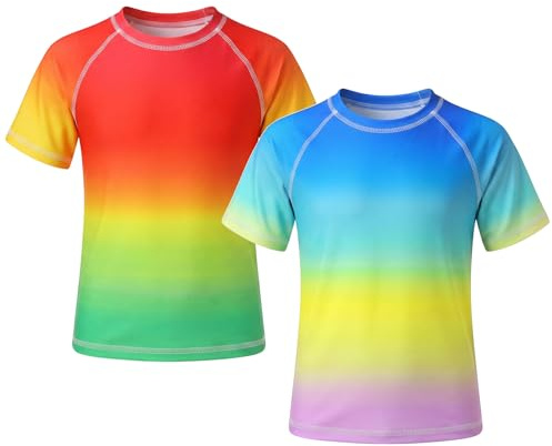Baogaier Camiseta Natación Niños, 2 Piezas, Manga Corta Camiseta Proteccion Solar Niño de Secado Rápido Pesca Surf Tops Playa Running Workout Gym Active Rash Guard T-Shirt 8-9 Años, Rojo