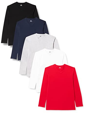 Lower East Chemise à manches longues avec col en V, Hommes, Noir/Blanc/Gris chiné/Bleu foncé/Rouge (lot de 5), M