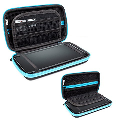 Orzly 3DSXL Case, Aufbewahrungstasche für 3DS XL oder NEW 3DS XL - Hartschalen Schutzhülle für das Original Modell 3DS XL oder das Nue Nintendo 3DS XL Konsole & Accesoires - BLAU auf Schwarz