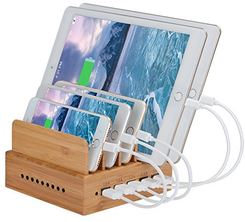 Yisen Wood Bamboo - Estación de Carga USB de 5 Puertos para teléfonos celulares y tabletas (Cargador USB Integrado y 5 Cables USB)