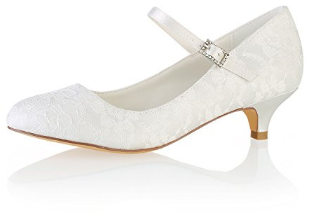 Emily Bridal 011-25 bröllopsskor för kvinnor stängd tå 4,5 cm kattunge klack spets satin pumpar med spänne brudskor, Elfenben, 36 EU
