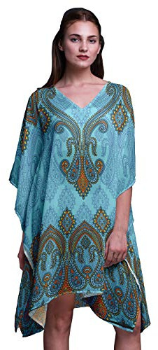 Phagun Blue Floral & Paisley Beach Kaftan Bikini Cover up Women Midi Dress Short Caftan-XL-3X