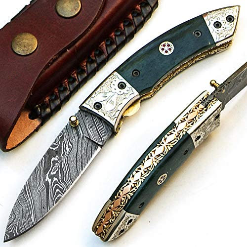PAL 2000 SBJJ-9455 Couteau de poche pliant en acier damas fait main 19 cm Poignée en os de chameau nouvelle lame de modèle avec gaine art incroyable avec cuivre et laiton sur manche