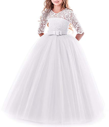 Little Big Girls Lace 3/4 Sleeve Dress Wedding Bridesmaid First Communion Evening Party Floor Length Dress Baby Children Princess Pageant Birthday Prom Christmas Ball Gown White 9-10 Years