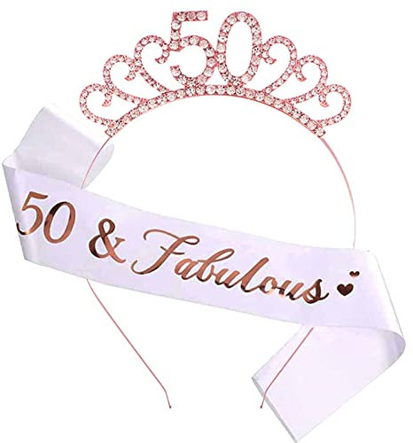 50th Birthday Sash and Crystal Tiara Birthday Crown for 50th Birthday Decorations Women Birthday Gift Party Accessories (Rose Gold)
