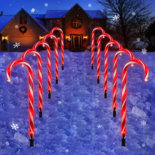 Epesl Noël Guirlande Lumineuse D'extérieur - 60 Rouge LEDs 10 Pièces Canne à Sucre de Noël Feux de Balisage de Chemin Sucre d'orge Étanche Décoration de Éclairage Paysager pour Décoration
