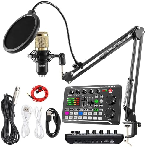 SINWE Podcast utrustningspaket, kondensatormikrofon med levande ljudkort kit | Podcast mikrofonpaket med röstväxlare och mixerfunktioner för PC smartphone studio-inspelning och sändning