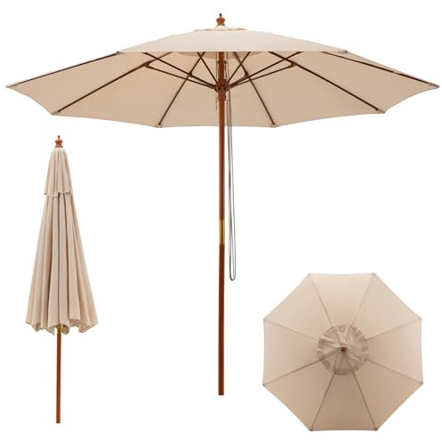 GOPLUS Sonnenschirm Holz 260cm, Gartenschirm höhenverstellbar, Strandschirm Terrassenschirm mit 8 Rippen, UV-Schutz, Marktschirm mit Belüftung, Balkonschirm Tischschirm (Beige)
