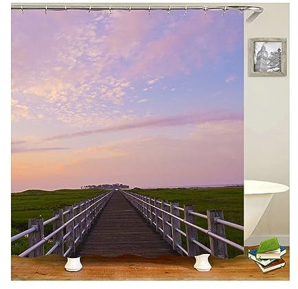 Homxi Duschvorhang Ösen,120 W x 180 H cm,Badvorhänge Rosa Blau Grün Landschaft am Meer Polyester Duschvorhangringe Plastik