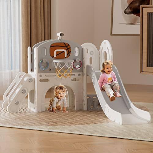 XJD Kinder Rutsche mit Basketballkorb Freistehende Rutsche für 1-3 Jahre Indoor & Outdoor Rutschbahn mit Rutschauslauf Gartenrutsche (X-Weißgrau)