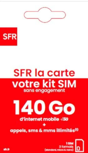 Nouveau SFR la Carte 140GO d’Internet en 5G + Appels, SMS et MMS illimités, sans Abonnement.