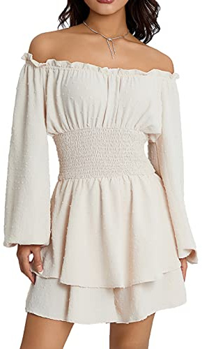 Vestido de Volantes para Mujer Mini Vestido con Hombros Descubiertos y pantalón Corto Integrado Vestido corsé Manga Larga/Corta sin Hombros Vestido de Plisada con Volantes Vestido Pirata en línea A