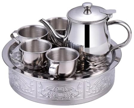 MBETA Portable Small Stainless Steel Tea Set, Complete Set Of Drop Resistant And Scald Resistant Tea Set, Children's Tea Set, Outdoor Portable 304 Stainless Steel Tea Pot With 4 Cups