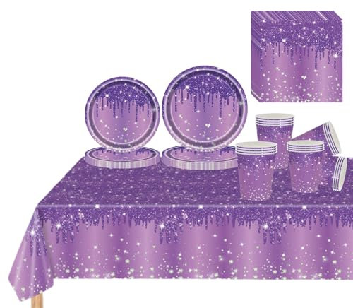 81 Pcs Purple Party Tableware Set for Her,Girls,Women,Purple Paper Plates Cups Napkins and Tablecloth,Sparkling Diamond Purples Dinnerware Set for Birthday,Wedding,Baby Shower Party Tableware