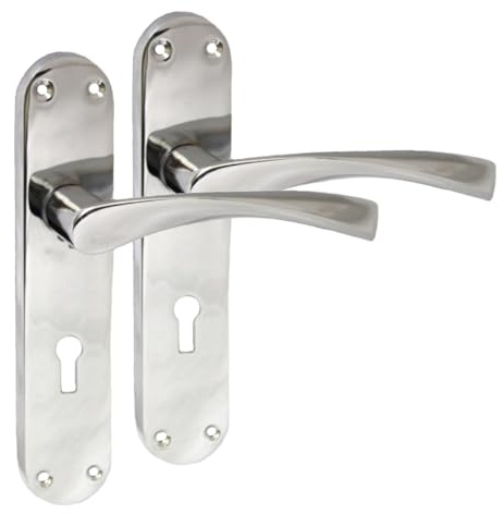 Epsom Door Handle Internal Polished Chrome Twist Door Handle Set, Interior Lock Lever on Long Back Plate, Door Handle Latch, Privacy Lockable Handle for Bathroom, Bedroom, Front Door