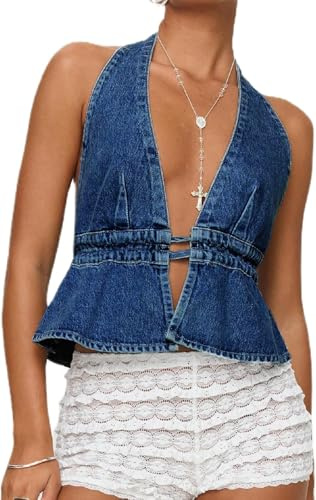 LLECDASEUI Donne Sexy Collo a V profondo Halter Denim Canotta Legatura sulla schiena Colore solido Jean senza schienale Gilet Senza spalline Top con pinces (M,Blu scuro)