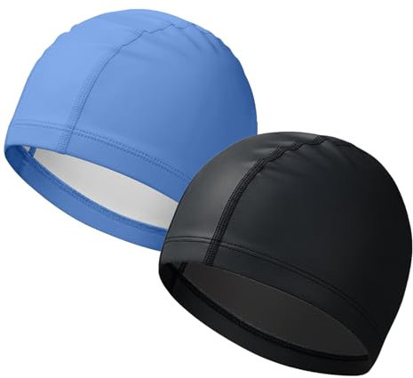 ATSNOSH 2 Pièces Bonnets de Bain pour Homme Femme, Bonnets de Bain Élastique, Adulte Bonnet de Natation en Nylon, PU Bonnet de Natation, Leger et Confortable, étanche, Taille Unique (Noir + Bleu)