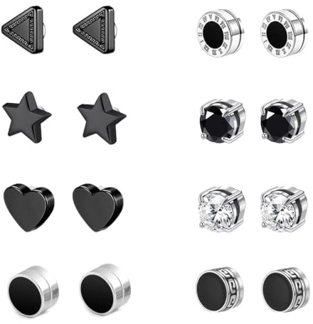 Hernin Stainless Steel Clip on Earrings 8 Pairs Silver Black/Silver Stud Earring Magnetic Stud Earrings for Men Women Stainless Steel Fake Magnet Earring Set 8MM
