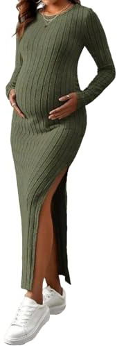 Havejoy Abbigliamento Maternity Vestito di Maglia Lungo a Costine con Spacco Abito Cerimonia Premaman Manica Lunga Vestito maternità Invernale Abiti Aderenti Lunghi Vestitino Stretto Moda Streetwear