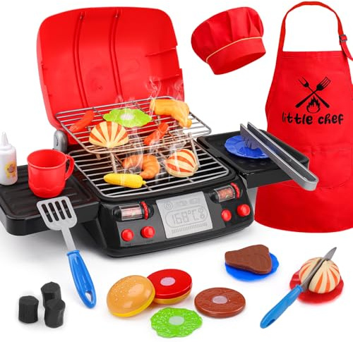 Kids Toy BBQ Play Food Set with Chef Dress Up Outfit, Grill Cooking Playset Role Play Toys with Kitchen Accessorie & Realistic Smoke/Sound/Light, Pretend Play Toys for 3 4 5 Year Old Girls Boys Gifts