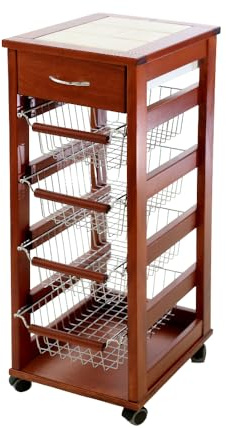MA MAISON Carrello Salvaspazio da Cucina in Faggio - Portafrutta, Piano D'appoggio, Cassetto Estraibile, Ruote, Spostamento, Cesti in Metallo Estraibili, Cucina - 83hX36x29 cm (CILIEGIO)
