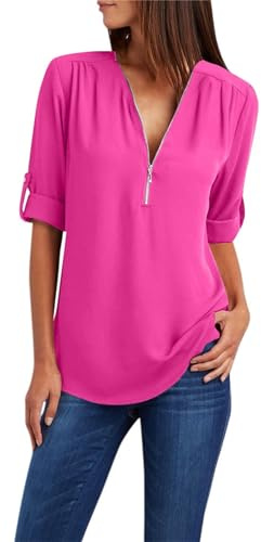 Uwdiohq Bouton Femmes Dames vêtements Chemise Ample en Mousseline de Soie Fermeture éclair Manches Longues Grande Taille Hauts Chemisier Soie Noire Chemisier Femme Chic Vetement Femme Chic Bleu