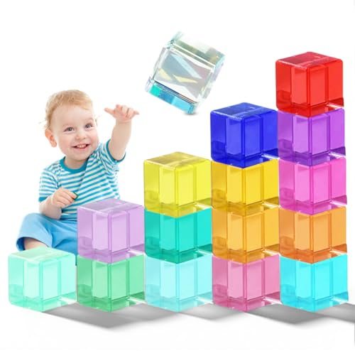 Occzin Lot de 16 blocs de construction arc-en-ciel en acrylique multicolores pour enfants, jouets sensoriels pour enfants, jouets sensoriels colorés