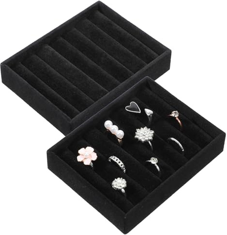 Xyembu 2 PCS Black Velvet Stackable Ring Organizer Tray, Earrings Display Tray Storage, Small Jewelry Trays, Display Storage Insert Holder for Ring Earrings Jewelry (8 Slots)