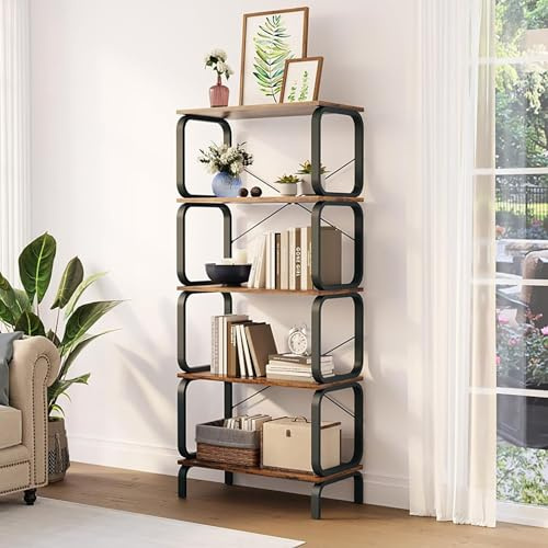 GFEMTH Bücherregal 5 Ebenen - Bookshelf Metall Holz Industrie Standregal - Regal Wohnzimmer Einfacher Aufbau vielseitig Lagerregal - Book Shelves Vintage für Wohnzimmer Schlafzimmer Büro, Braun