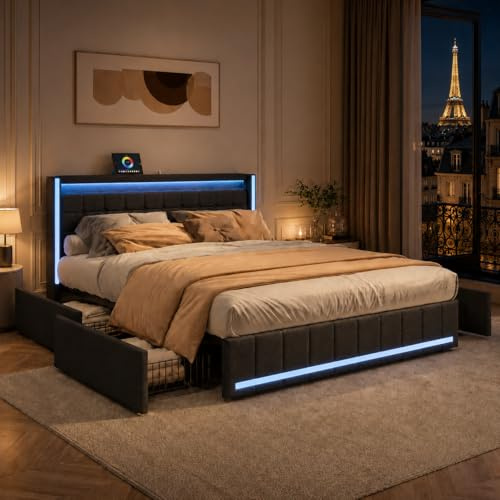 LIVLUX Bett 180 x 200 cm mit LED- und USB-Bett, gepolstertes Doppelbett mit Lattenrost und 4 Schubladen, Doppelbett für Erwachsene und Jugendliche, Leinen (Grau, 180 x 200 cm)