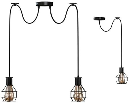 DC VOLTAGE 2 Head Spider Pendant Light with 2m Adjustable Cables, Vintage Industrial 15cm Black Metal Shade Ceiling Hanging Lamp Fixture for Living Room, Bedroom, Kitchen, Bar, Cafe