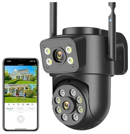 Telecamere di Sorveglianza, Telecamera IP Wi-Fi da 5 MP, doppio obiettivo, schermo, telecamera di sorveglianza for esterni, nera, rilevamento umano, visione notturna, sicurezza(5MP NO SD Card)