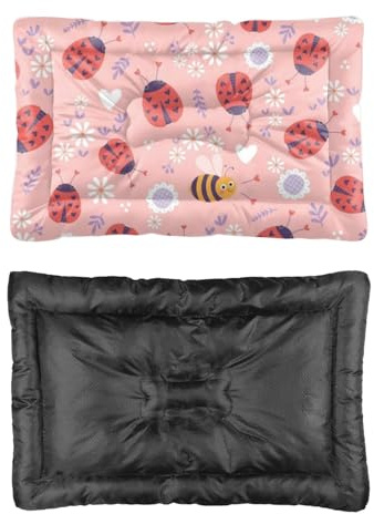 Cozy Dog Bed with Anti-Slip Bottom, Cute Cartoon Ladybugs Bees Pet Sofa Puppy Pads Dog Bed with Blanket Ultra Soft Crate Mat Chew Proof for Indoor& Outdoor Sofa Cars, Machine Washable 36 X 24 Inch