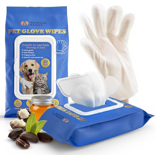NOVELLA BASICS Pet Cleaning Glove Wipes for Dogs & Cats, Dry Cleaning Gloves for Cats, Deodorizing Grooming Mitts, Dog Washing Gloves, Hypoallergenic Puppy and Cat Cleaning Wipes, 20 Count