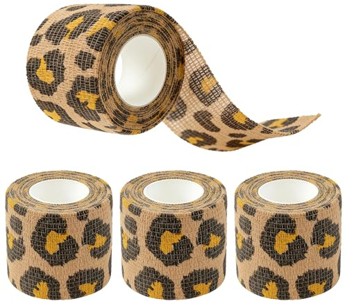 NAUZE 4 Rolls Self Adhesive Cohesive Bandages Leopard Print Breathable Wrap Tape Finger Tape Strong Adhesive Strap Treatment Protective Furniture Elastic Athletic Tape