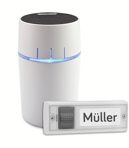 Grothe Mobile Funkklingel Türklingel Funkgong Set mit Haustürklingel Kabellose Türglocke 500m Reichweite 13 Melodien Batteriebetrieben weiß CALIMA 200 (Optische Signalanzeige durch farbigen LED-Ring)