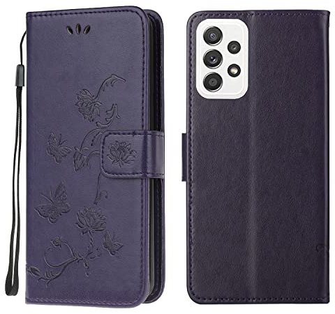 Samsung Galaxy M13 / M23 Case, Shockproof Flip PU Leather Slim Fit Wallet Phone Case Lotus Butterfly with Stand Card Slot Holder Gel Bumper Folio Protective Cover for Samsung M13 / M23 Purple