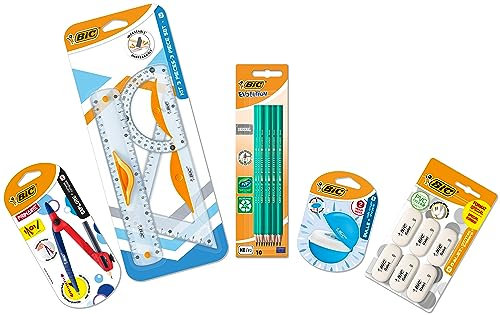 BIC Kit De Fournitures Scolaires Pour Enfant Avec 1 Compas D’apprentissage, 3 Instruments De Géométrie, 10 Crayons Graphite, 1 Taille-crayon et 6 Gommes - Pack de 21