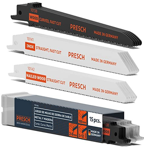 Presch Juego de sierras de sable para madera, metal y acero inoxidable 15 piezas - Juego completo de sierras de sable para cualquier aplicación, incluida la caja - Hojas Sierra Sable
