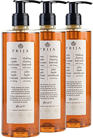 Prija Belebende Flüssigseife mit Ginseng - 3 Flaschen x 380 ml - Zur täglichen Verwendung - Natürliche und vegane Handseife - Dermatologisch getestet - Vegan freundlich.