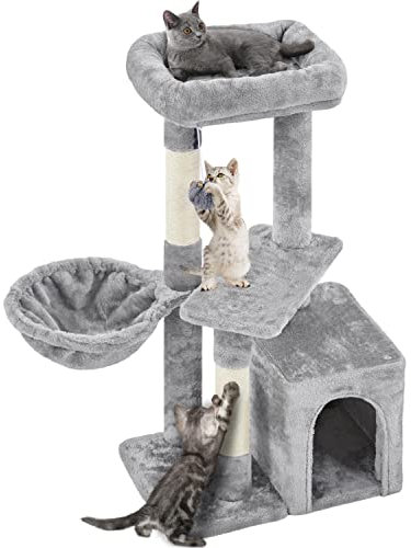 Yaheetech Árbol Rascador para Gatos con Poste Cesta Cuerda de Agarre 50x34.5x87 cm Castillo Torre para Gatos Gris Claro