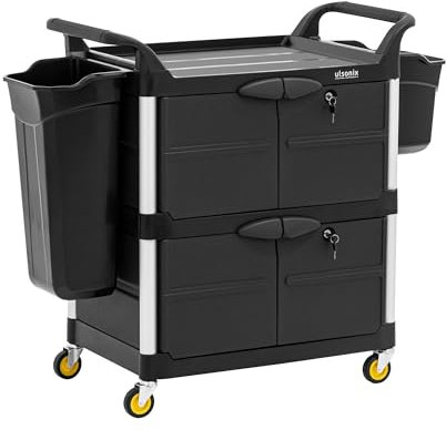 ulsonix ULX-OFPP - Chariot de nettoyage verrouillable - 3 étagères - Charge maximale : 150 kg - Roues lisses - Poignées pratiques - Pour hôtels et bureaux - Chariot à linge