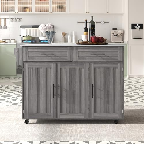 Moimhear Carrello da pranzo/credenza da pranzo 129x46(71) x91,5 cm con piano pieghevole, ripiani nelle ante, isola cucina su 5 ruote con ripiano e 2 cassetti, per sala da pranzo (grigio)