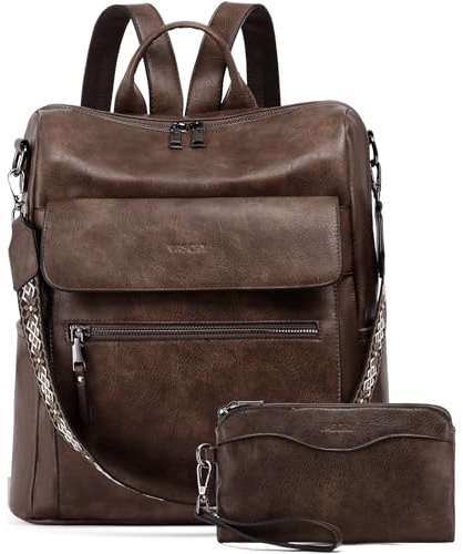 VASCHY Sac a Dos Femme, Grand Antivol 2 en 1 Sac à Main Porté Dos en Cuir PU Élégant Poches Multiples Set de Sac à Dos Fille avec Pochette pour Travail Voyage École Café