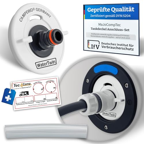 MaJoCompTec® WATERTWIN tanklock med vattenanslutning | vattentanklock, påfyllningsadapter för vattenfyllningstunk | husvagn tillbehör (ECO-version, adapter 3-stifts D:78)